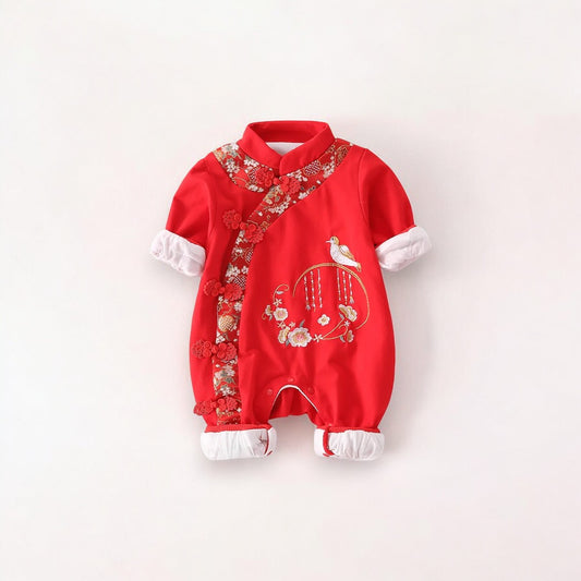 A traditional Chinese Cheongsam baby girl romper with floral embroideries from Ashberryco featuring elegant Qipao design for newborns and infants, perfect for Chinese New Year, holiday baby girl outfits and special occasions!