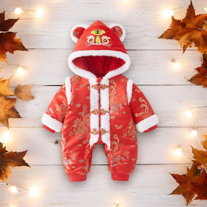 Red Floral Pattern Hooded Baby Winter Jumpsuit